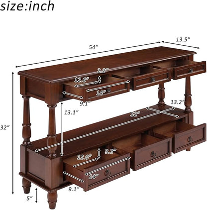 KEIKI 54”L Pine Solid Wood Entryway Console Table with 6 Storage Drawers, Vintage Behind Couch Sofa Table with 2 Tiers Open Shelf for Hallway, Entrance, Entry Way, Living Room, Foyer