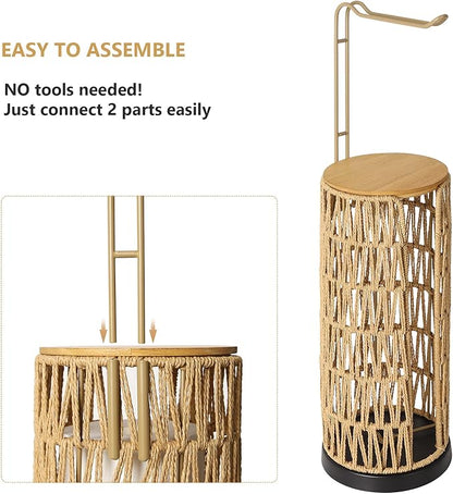 Freestanding Toilet Paper Holder with Storage,3 Rolls of Tissue Holder for Bathroom,Handmade Woven Toilet Paper Roll Holder Stand,Rattan Sturdy Boho Bathroom Decor Farmhouse Toilet Paper Storage