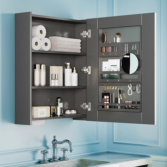 Bathroom Cabinet - Large Single Door 24x30 inchs Wall Cabinet Mirror Medicine Cabinet with Facial Tissues Slot and Multifunctional Storage Area
