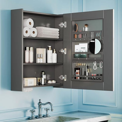 Bathroom Cabinet - Large Single Door 24x30 inchs Wall Cabinet Mirror Medicine Cabinet with Facial Tissues Slot and Multifunctional Storage Area