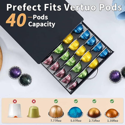 FlagShip Vertuo Pod Holder Drawer with Black Metal,Compatible for Nespresso VertuoLine Pods,Holds up to 40 Big Vertuo Pods,Smooth Pull-Out Design,Fits Under Coffee Makers (10.4''W x 15.2''D x 3.6''H)