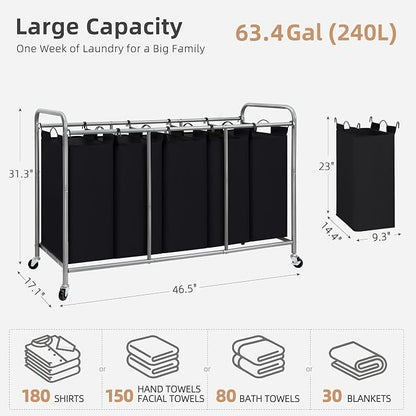 STORAGE MANIAC 5 Section Laundry Sorter, 5 Bins Rolling Separator Laundry Basket, Dirty Clothes Hamper Divider with Heavy Duty Rolling Lockable Wheels, Large Clothes Organizer Cart, Black