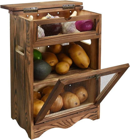 Ikee Design Free Assemble Wooden Countertop Potato and Onion Storage Bin Box,Countertop Cabinet, Wooden Bread Boxes, Potato Storage, Coffee Station, 11.8W x 6.8D x 16H in, Rustic Color