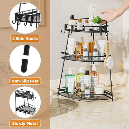 VITVITI 3 Tier Corner Bathroom Counter Organizer, Metal Bathroom Countertop Organizer Shelf Storage, Bath Room Sink Makeup Organizers for Vanity Skincare with Hooks, Black