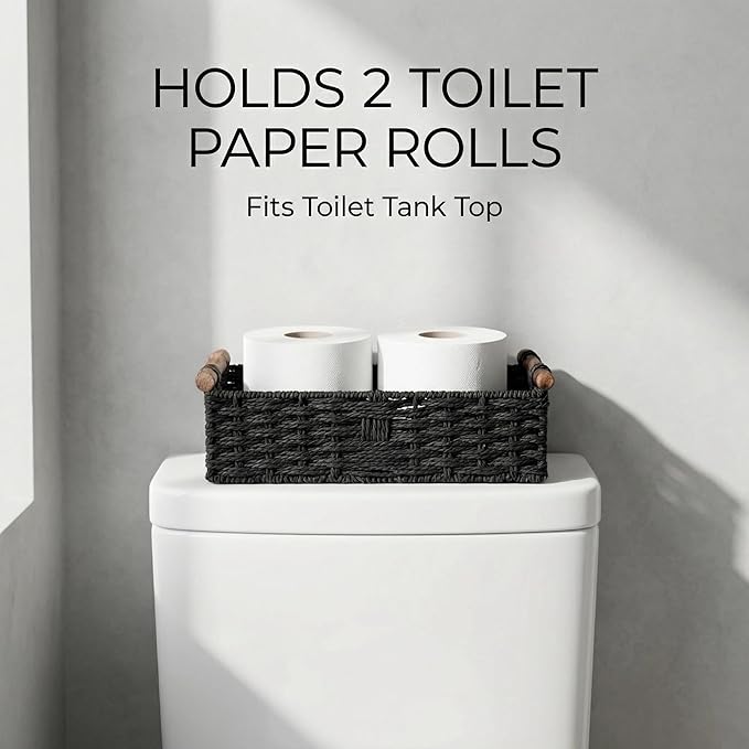 Back of Toilet Basket, Black Toilet Tank Basket with Wooden Handles, Handwoven Paper Rope Wicker Organizer for Toilet Top/Over Toilet Shelf/Bathroom Counter Storage Bin,Holds 2 Toilet Paper Rolls