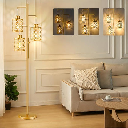 68" Dimmable Floor Lamp, Modern Standing Lamp with Elegant Metal Cage, Industrial Tall Tree Floor Lamps for Living Room, Bedroom, Study Room, Office (2000LM LED Bulbs Included) - Gold