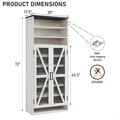 JXQTLINGMU Farmhouse Shoe Cabinet, 72" Tall with Mesh Doors and Adjustable Shelves, Rustic Wooden Shoe Organizer, Modern Large Shoe Storage for Entryway, Off White