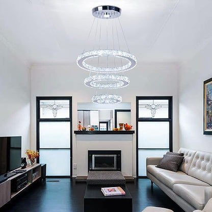 Modern Crystal Chandeliers 3 Rings Round LED Chandelier Fixtures DIY Pendant Lighting Stainless Steel Adjustable Chandelier Ceiling Light for Dining Room Bedroom Living Room (Cool White)