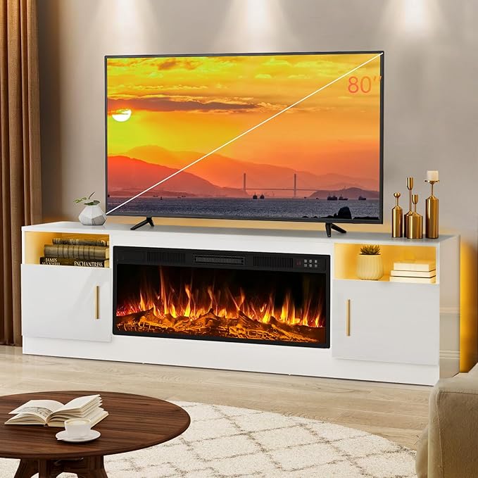 LEMBERI 70" Fireplace TV Stand for TVs up to 80", 36" Electric Fireplace 750W/1500W Entertainment Center with 20-Color LED, 300lbs Max Capacity High Gloss Storage Cabinet Console, White