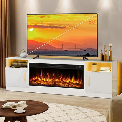 LEMBERI 70" Fireplace TV Stand for TVs up to 80", 36" Electric Fireplace 750W/1500W Entertainment Center with 20-Color LED, 300lbs Max Capacity High Gloss Storage Cabinet Console, White