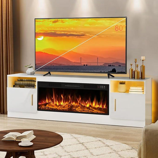 LEMBERI 70" Fireplace TV Stand for TVs up to 80", 36" Electric Fireplace 750W/1500W Entertainment Center with 20-Color LED, 300lbs Max Capacity High Gloss Storage Cabinet Console, White