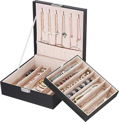 BEWISHOME Jewelry Box Organizer, 2-Layer Necklace Organizer Box, Modern Style Necklace And Bracelet Storage Case, Necklace Case for Women, Girls (Black SSH31B)