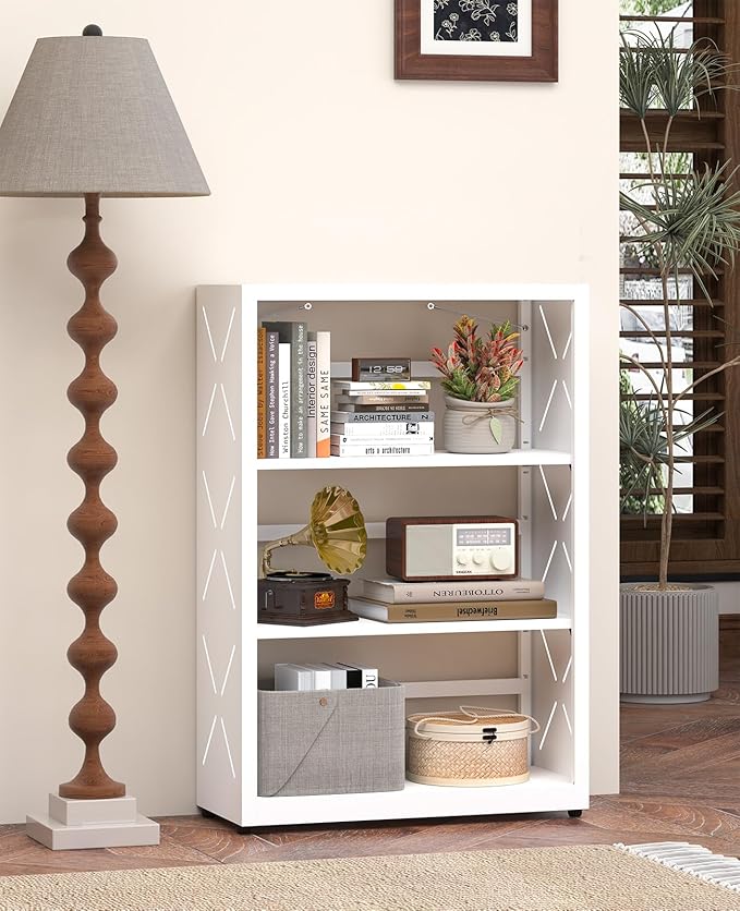 METALOONG 3 Tier Metal Book Shelf, Adjustable Bookcase with Anti-Tip Device & Leveling Feet, Heavy-Duty White Corner Bookshelf for Home Office, Bedroom, Garage