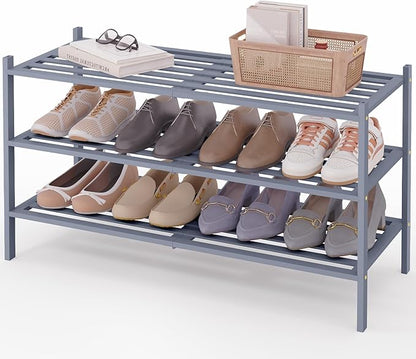 Smiry Long Bamboo Shoe Rack 3-Tier, Stackable Wooden Shoe Organizer for Entryway & Closet, Free Standing Wood Shoe Storage Shelf for Front Door & Small Spaces, Grey