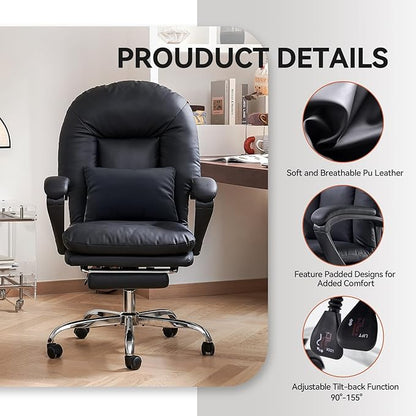 EMIAH Ergonomic Office Chair with Foot Rest Criss Cross Chair with Wheels Reclining Executive Office Chair Mid Back PU Leather Swivel Computer Chairs Lumbar Support for Home Office (Black)