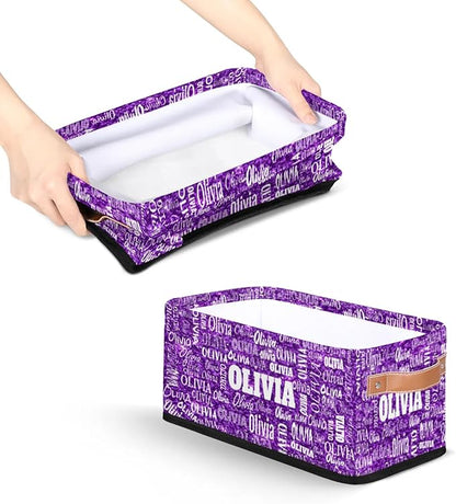 Personalized Small Storage Basket with Name, Pet Kids Toys Storage Bin with Handles for Shelf Home Closet Kitchen Countertop, Bright Purple Sequins Background