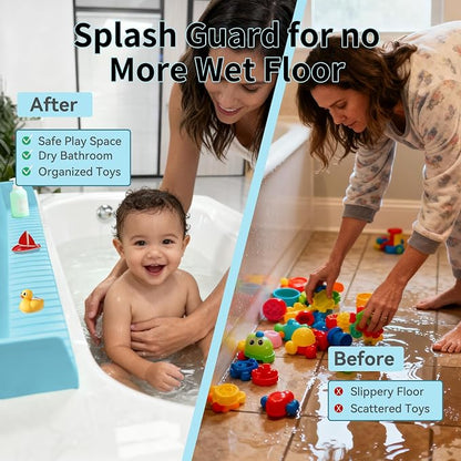 Bathtub Splash Guard for Tub Kids - 31IN Silicone Splash Guard with 11 Strong Suction Cups, Toy Tray Caddy Holder for Tub, Prevent Water Spills in Bathroom, Suitable for Kitchen Sinks and Bathtubs