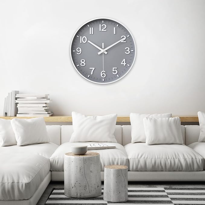 HZDHCLH Wall Clocks Battery Operated,Wall Clock Gray,12 inch Wall Clock Silent Non Ticking Modern 3D Numbers for Kitchen Bedroom Living Room Office Classroom Decor