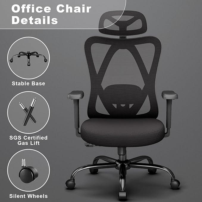 Ergonomic Office Chair with Adjustable Lumbar Support, High Back Mesh Computer Desk Chairs with 3D Headrest and Armrest, 360° Swivel Wheels and Rocking Function, for Home, Office, Black