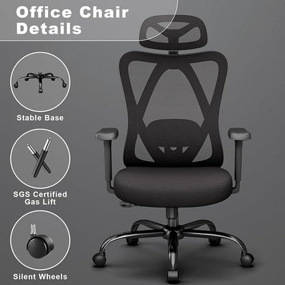 Ergonomic Office Chair with Adjustable Lumbar Support, High Back Mesh Computer Desk Chairs with 3D Headrest and Armrest, 360° Swivel Wheels and Rocking Function, for Home, Office, Black