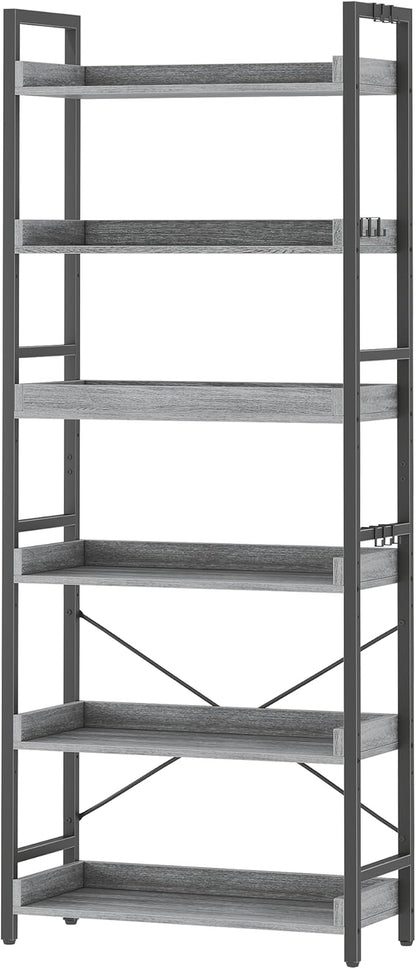 HCHQHS 6 Tier Bookshelf, Adjustable Industrial Bookcase, Vertical Tall Book Shelf, Wood and Black Metal Open Bookshelves for Home Office, Living Room, Bedroom