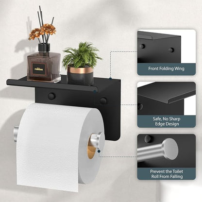 FORIOUS Toilet Paper Holder with Shelf, Adhesive or Screw Wall Mount Toilet Paper Roll Holder for Bathroom, Rustproof 304 Tissue Dispenser with Phone Shelf (1, Matte Black & Brushed Nickel)