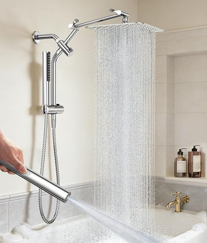 Veken All Metal 10" Shower Head with Handheld, Luxurious Square Double Rain Shower Heads with Spray Combo, Dual High Pressure Detachable Rainfall Showerhead with Extension Arm, Long Hose,Chrome,Sliver