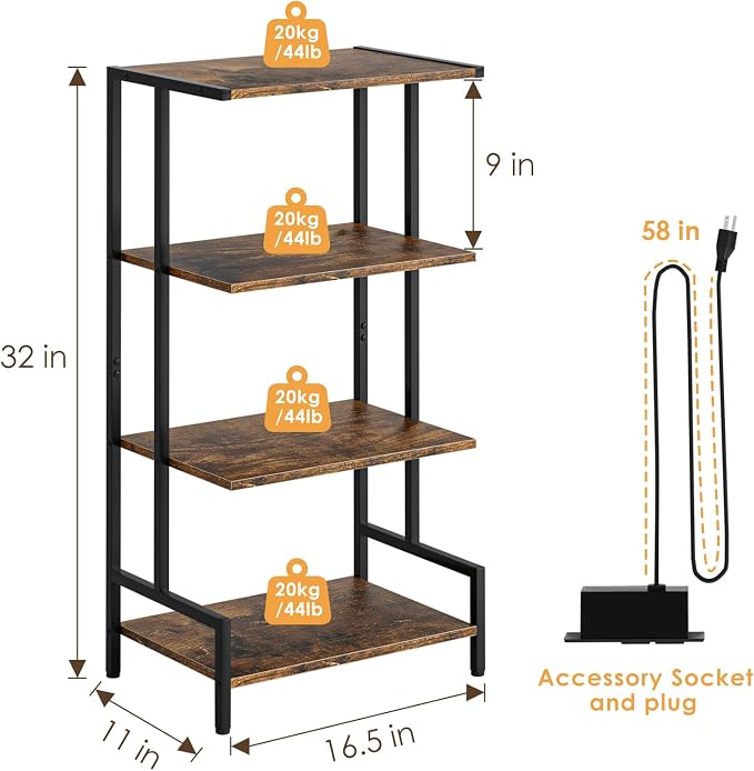Arbuxzuy 4-Tier AV Media Stand with Power Outlet and LED Lights,Wooden Stereo Stand Cabinet,Game Console Shelf for Small Space,Audio Rack Stand Tower Ideal for Video DVD Players,Xbox