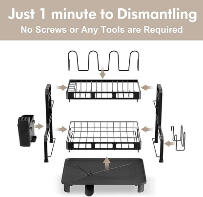 BOOSINY Dish Drying Rack, 2 Tier Large Stainless Steel Black Dish Rack with Drainboard Set for Kitchen Counter, Space Saving Plates Drainer Rack with Cups Holder & Utensil Holder, Dish Strainer Holder