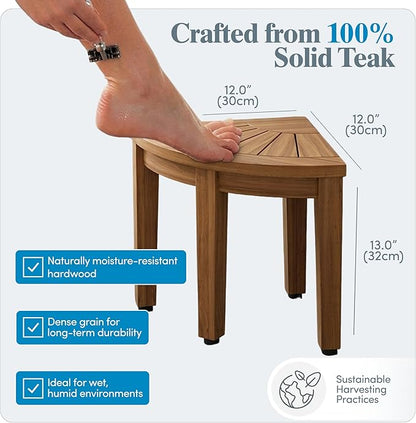 AquaTeak 12" Kai OptiAREA Teak Foot Rest - Corner Shower Stool for Shaving Legs - Durable, Water-Resistant Foot Stool with Anti-Slip Feet & Space-Saving Design - Indoor & Outdoor Use