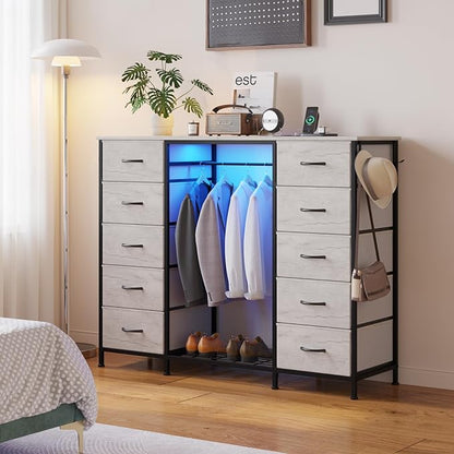 LUMTOK 55W 2-in-1 Dresser with Hanging Rack, 10 Drawers Dresser for Bedroom,Dressers with Fabric Drawers,LED Lights, Charging Station and Hanging Racks for Bedroom (Greige)