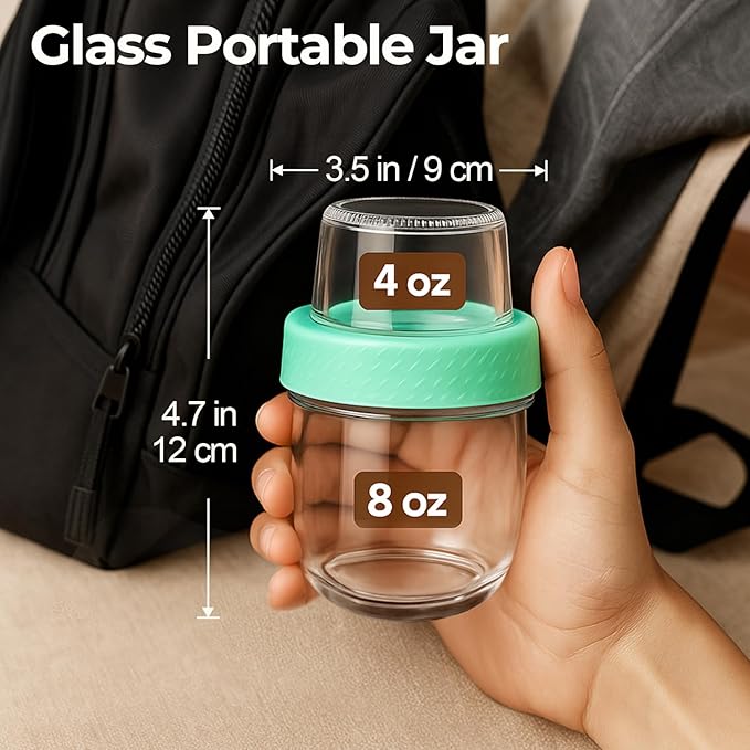 ComSaf Overnight Oats Containers with Lids (8oz+4oz, 4Pcs), Glass Yogurt Parfait Cups for Cereal Nut Fruit, Dual-Layer Chia Pudding Jars Reusable, Small Mason Jars for Salad, Meal Prep, Snack, Oatmeal