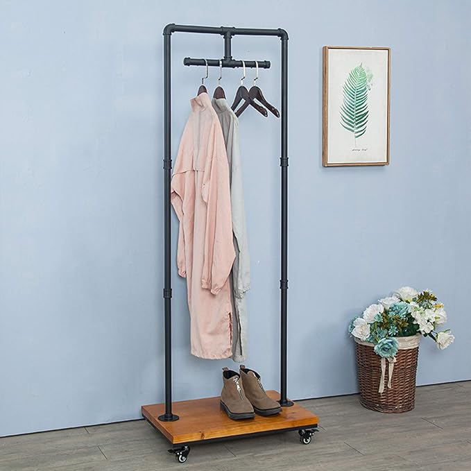 Industrial Pipe and Wood Rolling Clothes Retail Heavy Duty Garment Racks,Metal Clothing Store Hanger Storage Shelves,Floor-Standing Display Rack,Decor Pipeline Shelf (Black)