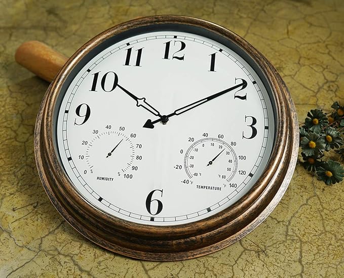 Rsobl 16 Inch Large Indoor Outdoor Wall Clock,Waterproof Non-Ticking Clock with Thermometer and Hygrometer Combo,Battery Operated Clock Wall Decorative-Bronze