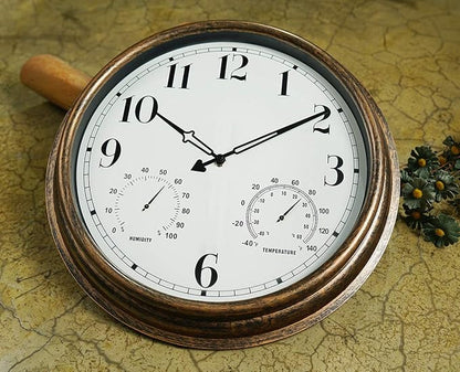 Rsobl 16 Inch Large Indoor Outdoor Wall Clock,Waterproof Non-Ticking Clock with Thermometer and Hygrometer Combo,Battery Operated Clock Wall Decorative-Bronze