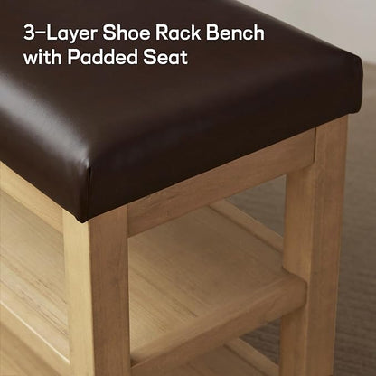 Shoe Rack Bench with Leather Cushion, 2 Tier Solid Wood Storage Bench, Mid-Century Modern Shoe Bench for Entryway, Hallway, Closet, Front Door Entrance, Foyer (Dark Brown, 46.5)