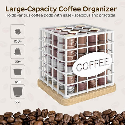 YATINEY Coffee Pod Holder for K Cup, Large Capacity Coffee Pod Organizer, Versatile Coffee Capsule Storage Basket with Wooden Base, White KH10WN