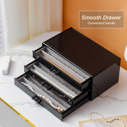 YUFONG Necklace Holder Organizer, Dustproof Necklace Box Velvet Necklace Organizer Box with Lid Clear Acrylic Dustproof Stackable Jewelry Displays for Necklaces Chain Display (Black Gray, 3 Drawer)