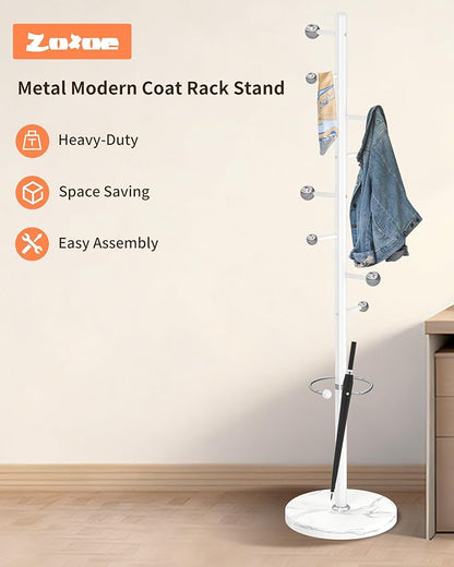 ZOZOE Metal Coat Rack Stand, Modern Coat Rack Freestanding with Natural Marble Base, Sturdy Industrial Coat Racks with 8 Hooks & Umbrella Holder,White Coat Tree Hanger Stand for Entryway,Office