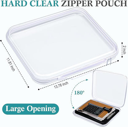 Sanwuta 4 Pcs Clear Hard Zipper Case with Handle Office Storage Cases Hard Plastic Pouches Transparent Bins for Crafts, Snacks, Cosmetics, Puzzles(13.8 x 11.8 x 2 Inches,White)