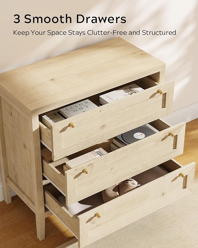 3 Drawers Dresser for Bedroom, Farmhouse Closet Storage Organizer with Golden Handles, Wooden Nightstand End Table for Living Room, Bedroom, Entryway, Hallway, Light Oak