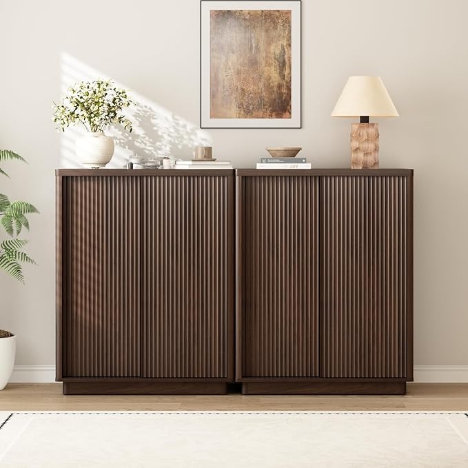 Fluted Shoe Cabinet with Sliding Door Set of 2, 6-Tier Large Hidden Storage Organizer Modern Shoe Rack with Adjustable Shelves, Mid Century Freestanding Wooden Shoe Storage Cabinet for Entryway,Walnut