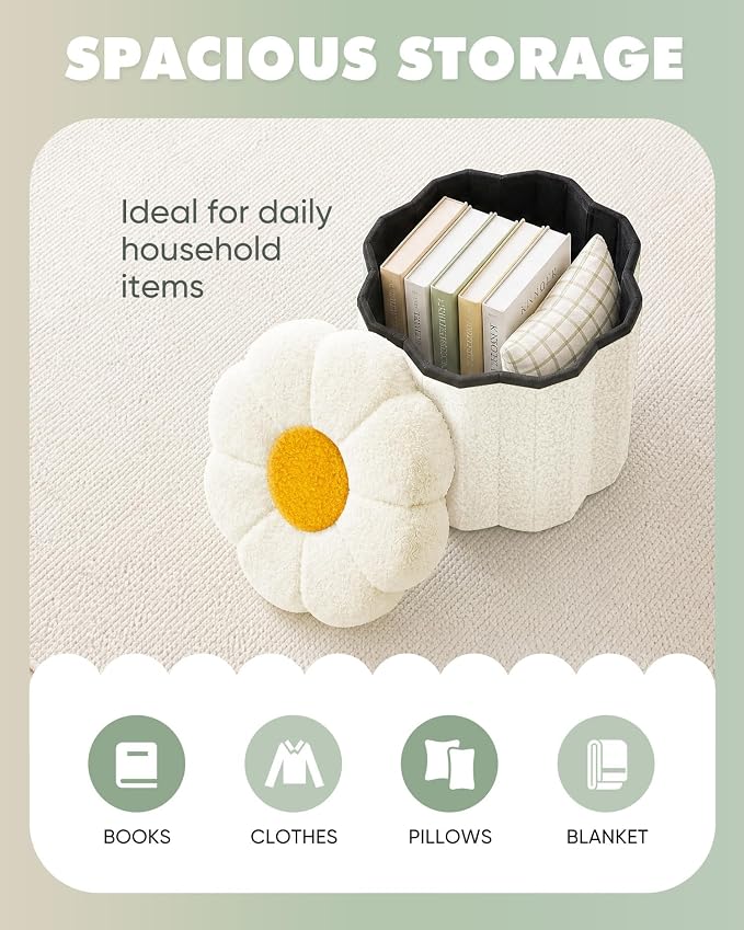 B FSOBEIIALEO Storage Ottoman Foldable, Sunflower Shaped Small Footrest Collapsible Folding Seat Bench for Bedroom Living Room Entryway, Faux Teddy Fur, White 12.6"x12.6"x11.4"