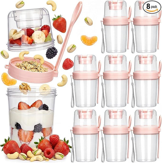Mifoci 8 Pcs 27 oz Overnight Cereal Cup Portable Oats Container with Lid and Spoon for Yogurt Salad Fruit Oatmeal Cereal Overnight Oats Breakfast Vegetable Snack Cup(Pink)