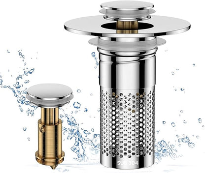 Bathroom Sink Drain Strainer, Universal Pop-up Sink Stopper with Removable Hair Catcher & Stainless Steel Filter Basket, Anti-Clog Drain Protector Fits Most US Standard Bathroom Sinks
