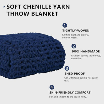 L'AGRATY Chunky Knit Blanket Throw: 80''x90'' Chenille Chunky Knitted Throw Blankets for Bed Couch - Handmade Thick Big Cable Knit Blanket - Large Crochet Blankets for Home Decor(Navy Blue)