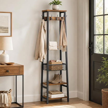 Coat Rack Freestanding, Coat Stand with Metal Basket and Storage Shelves, Hall Tree Free Standing with and 7 Hooks, Clothes Rack Stand Organizer, Rustic Brown and Black