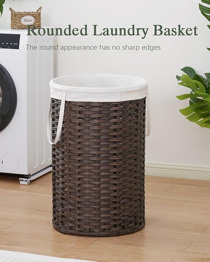 SETVSON 34.3 Gal (130 L) Large Laundry Hamper Laundry Basket Round Handwoven Wicker Laundry Baskets Rattan Laundry Basket with Removable Bag Handles 2 Mesh Bags for Living Room Bedroom Brown (No Lid)