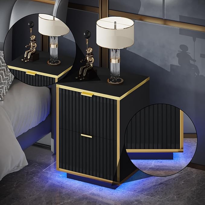 4ever2buy Black and Gold Nightstand Set of 2, Modern Bedside Table with LED Lights, End Table for Bedroom Living Room