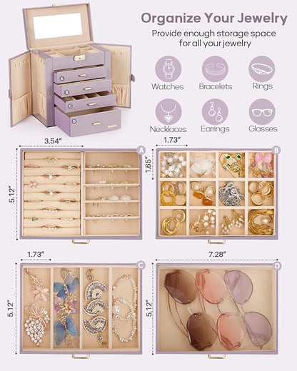 Homde Christmas Gifts Synthetic Leather Huge Jewelry Box Mirrored Watch Organizer Necklace Ring Earring Storage Lockable Gift Case (Grey Purple + Gold)